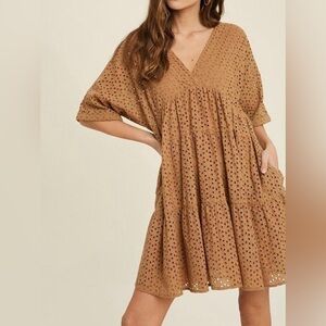 Brown Eyelet Tiered Mini Dress Boho Western Style‎ Size L Wishlist Apparel